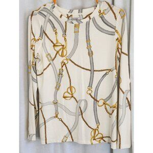 Chicos Pullover top with belt theme design, cream, gold, light blue, size O
